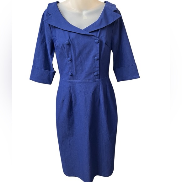 Muxxn vtg Blue Knee Length Retro Double Breasted Collared Scoop Neck dress XL - Picture 1 of 8